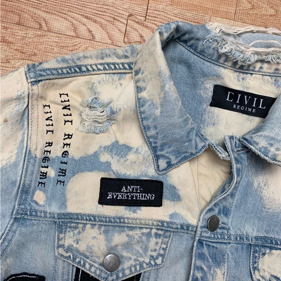 Civil Regime Denim Jacket Patches Thrashed Size 30 Faded Blue Jean Grunge Punk - Picture 9 of 11